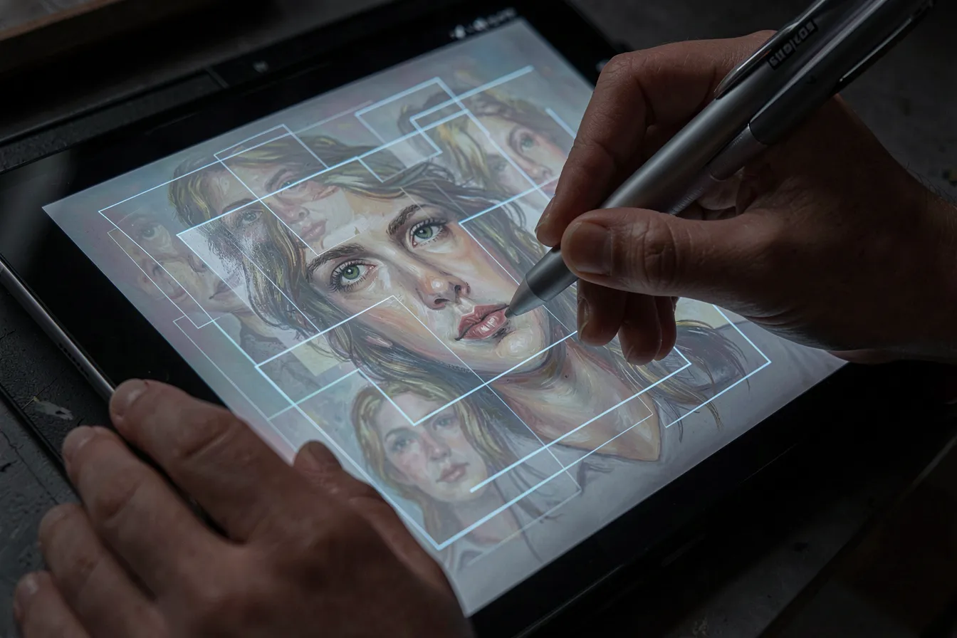 Hands guiding a stylus over layered variations of a portrait, visualizing AI art iteration