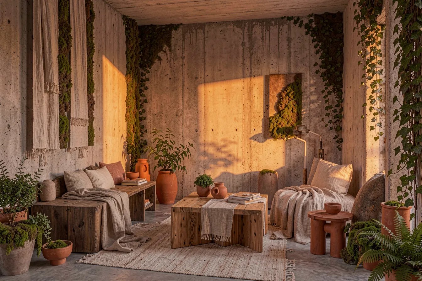 Soft Brutalist interior with warm concrete, wood and greenery