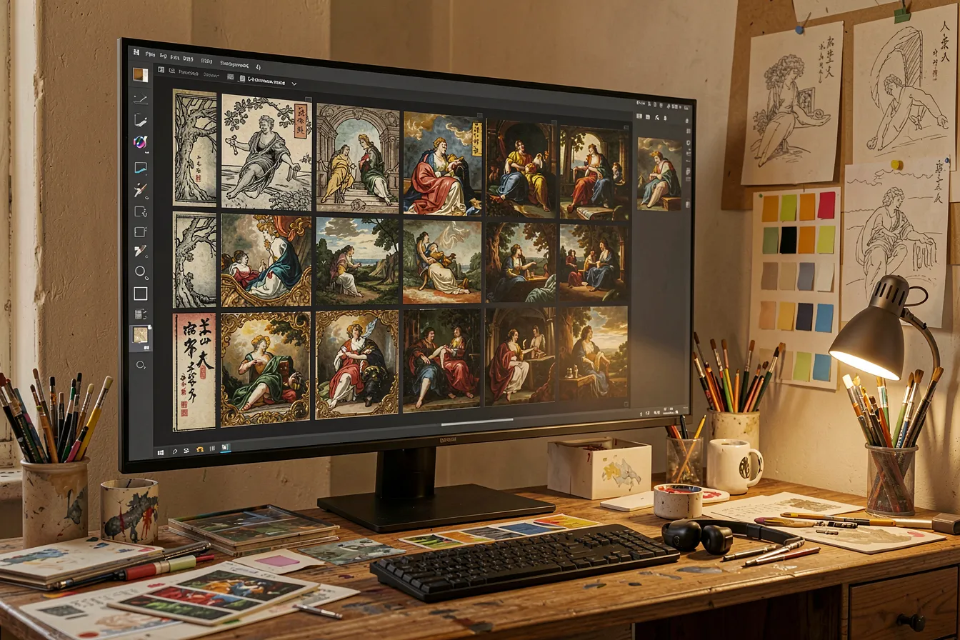 AI artist studio screen showing style-mixed generative images between woodblock and Baroque aesthetics