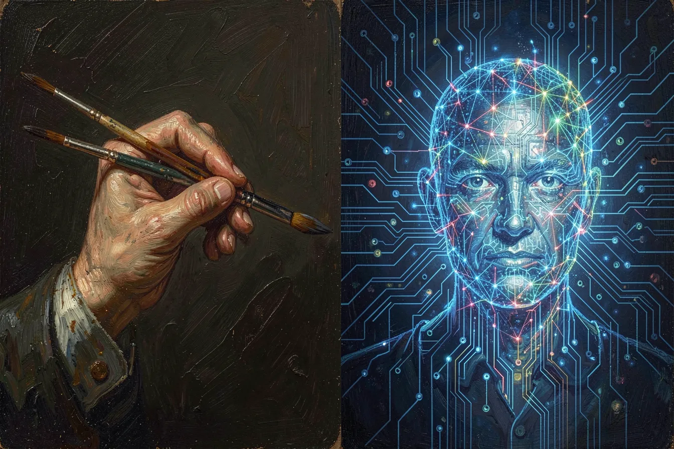 Human painter's hand versus glowing AI neural network — the authorship debate in contemporary art
