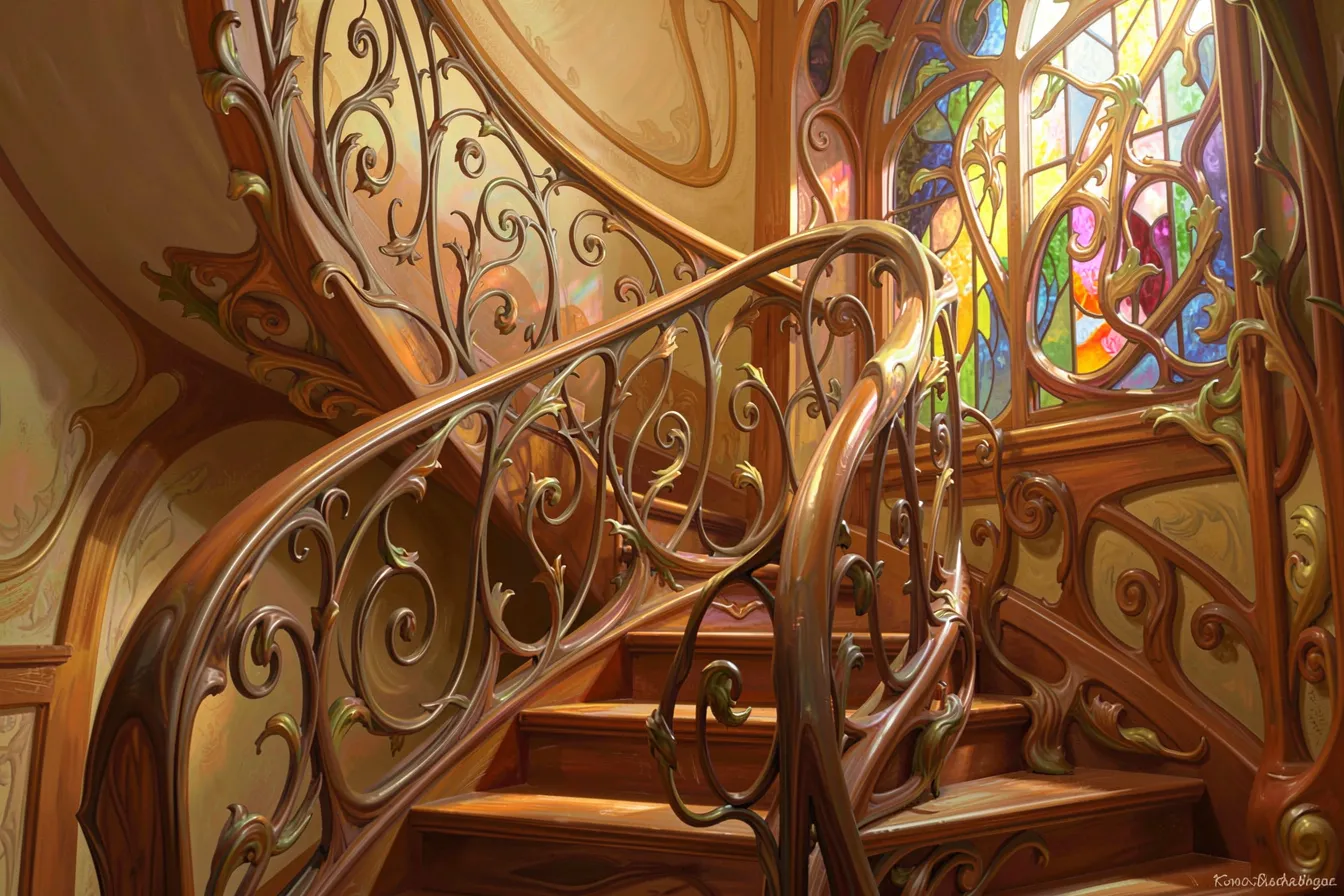 AI-generated Art Nouveau staircase with flowing wrought-iron balustrade and stained glass