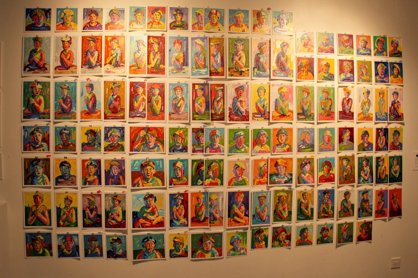 Grid of painting variations sharing one distinctive AI-trained style