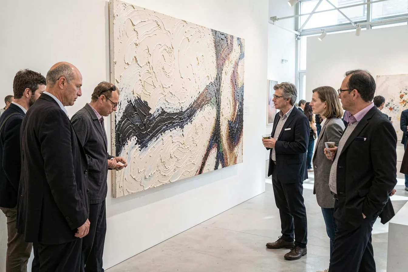Collectors studying a hand-textured abstract painting at a contemporary art fair in 2026