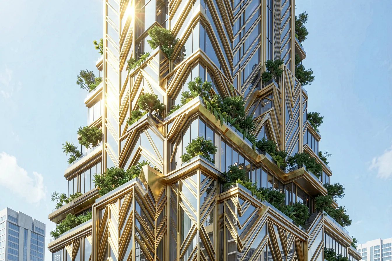 Contemporary Deco-futurist skyscraper with parametric golden chevron facade and planted terraces