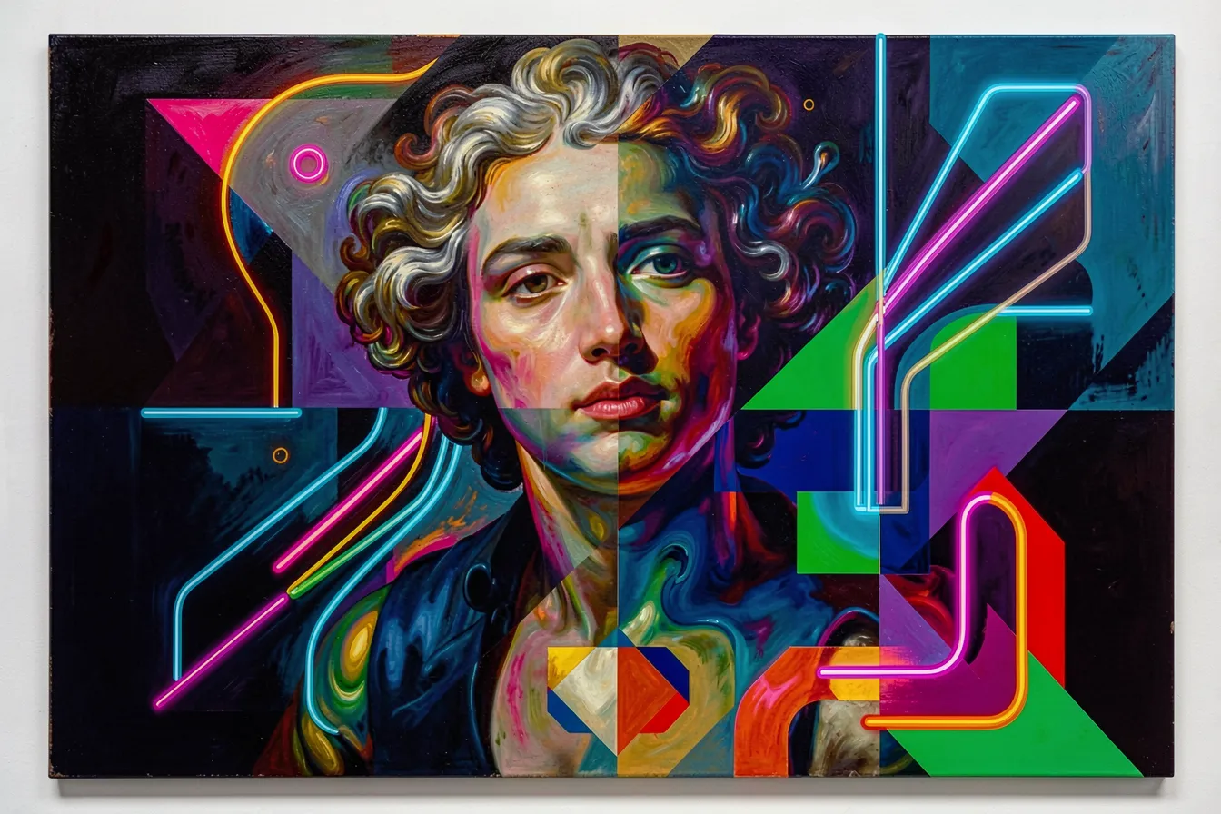 An artwork fusing baroque, mid-century and futuristic styles into one composition