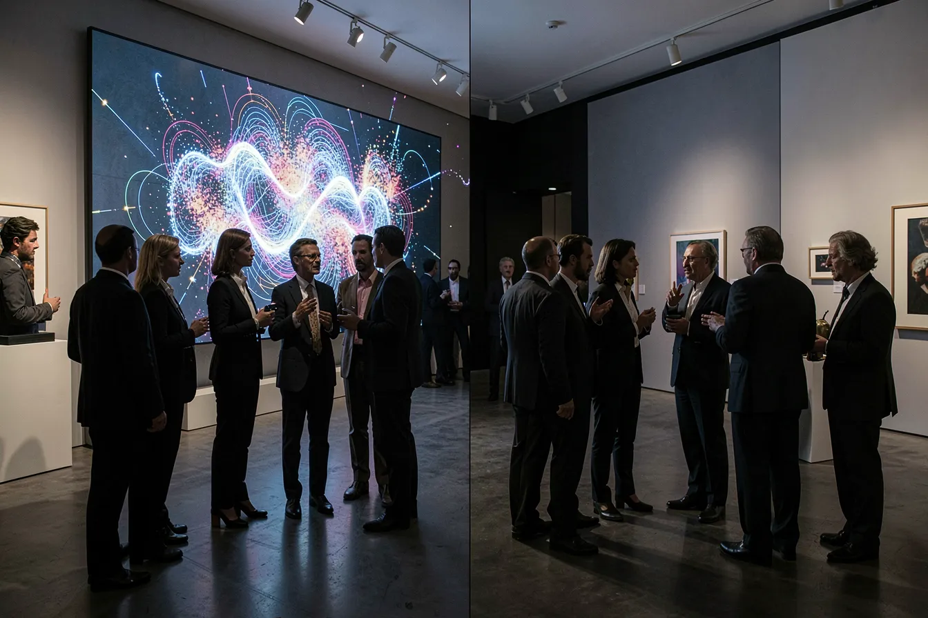 Collectors and dealers viewing a generative artwork in a gallery