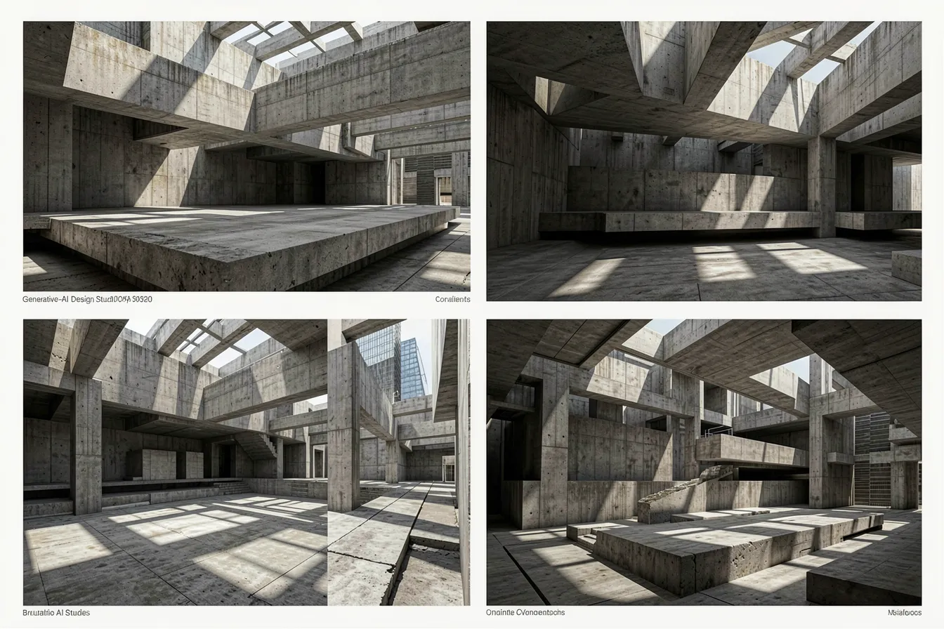 AI-generated Brutalist architecture concept with monolithic concrete forms