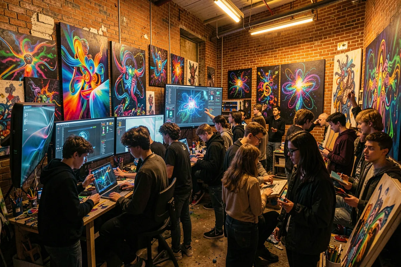 Young artists creating AI-generated artwork in an independent studio outside the institutional art world