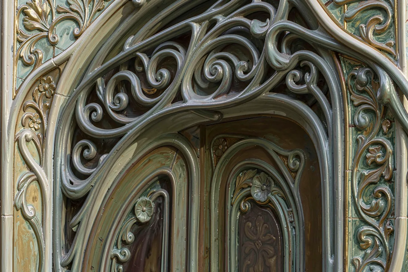 Close-up of an AI-reimagined Art Nouveau doorway with ornate curving ironwork