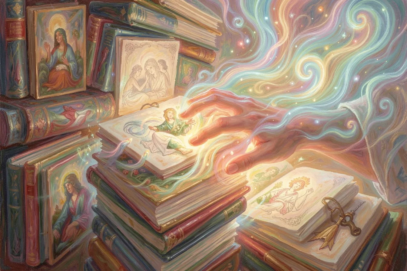 A hand reaching into an archive of paintings composting into new generative art