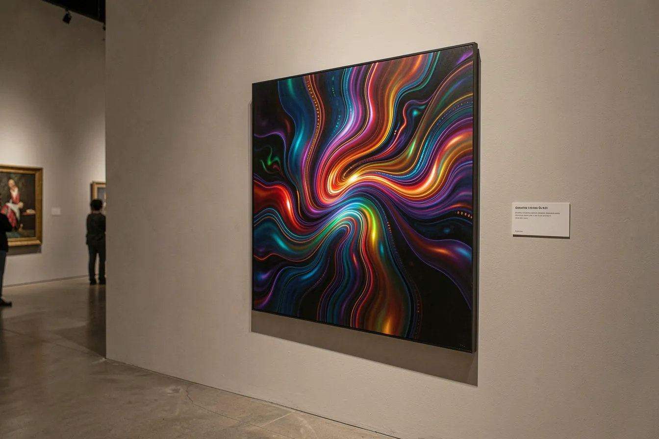 A generative AI artwork displayed on a museum wall with a label