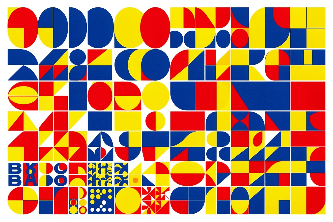 Bauhaus geometric textile and typography patterns in red yellow blue
