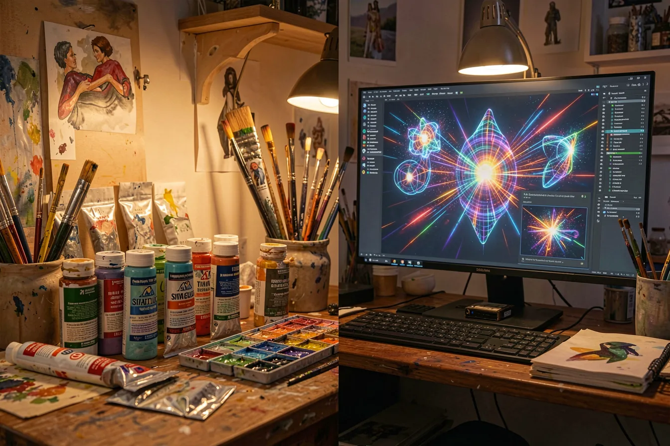 An artist studio split between physical paint and a glowing screen of generative AI variants
