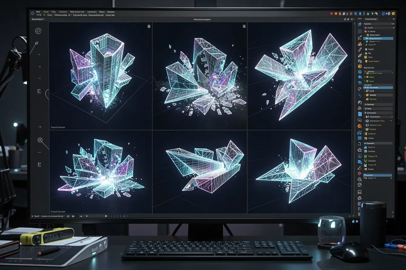 Parametric studio screen exploring fractured deconstructivist building variations