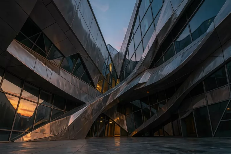 Deconstructivist museum with shattered colliding titanium and glass planes at dusk