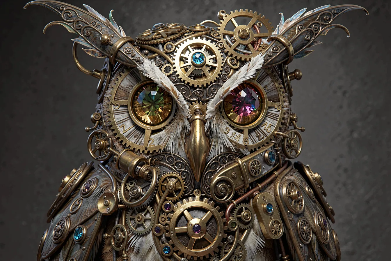 Steampunk owl rendered with 10 sampling steps, finer detail