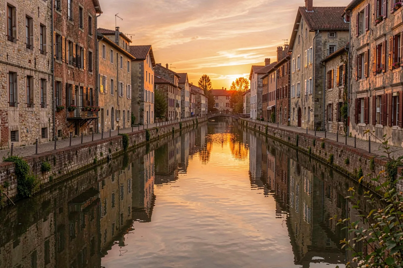 Source image: a photorealistic canal in an old town at sunset