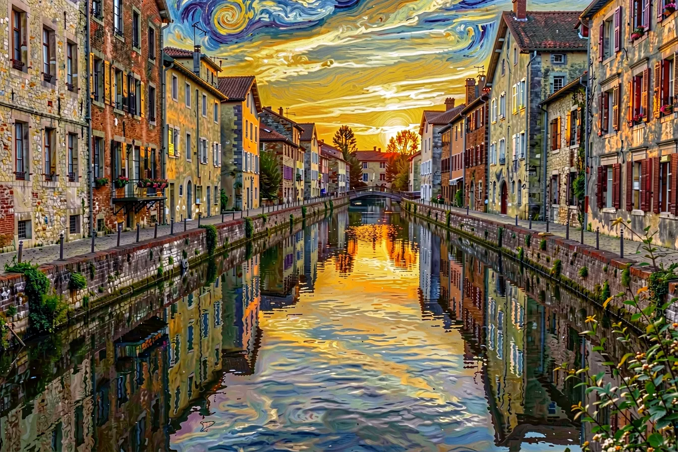 Image-to-image result: the same canal as a Van Gogh style oil painting