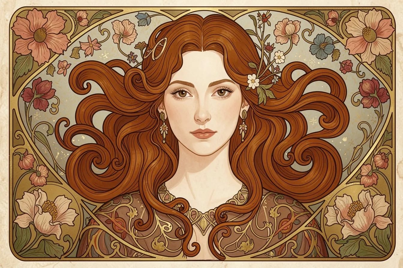 Result of a detailed prompt: an Art Nouveau portrait in Mucha style