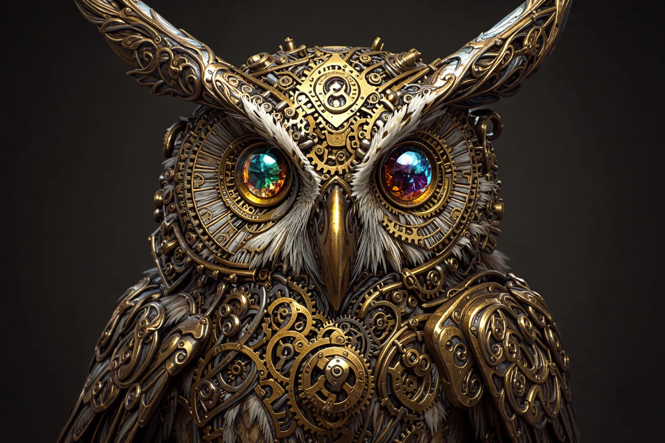 Steampunk owl rendered with 2 sampling steps