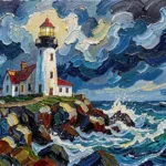Expressive oil painting of a lighthouse, generated from a text prompt