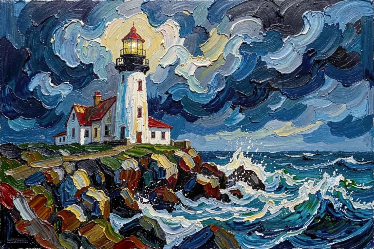 Expressive oil painting of a lighthouse, generated from a text prompt