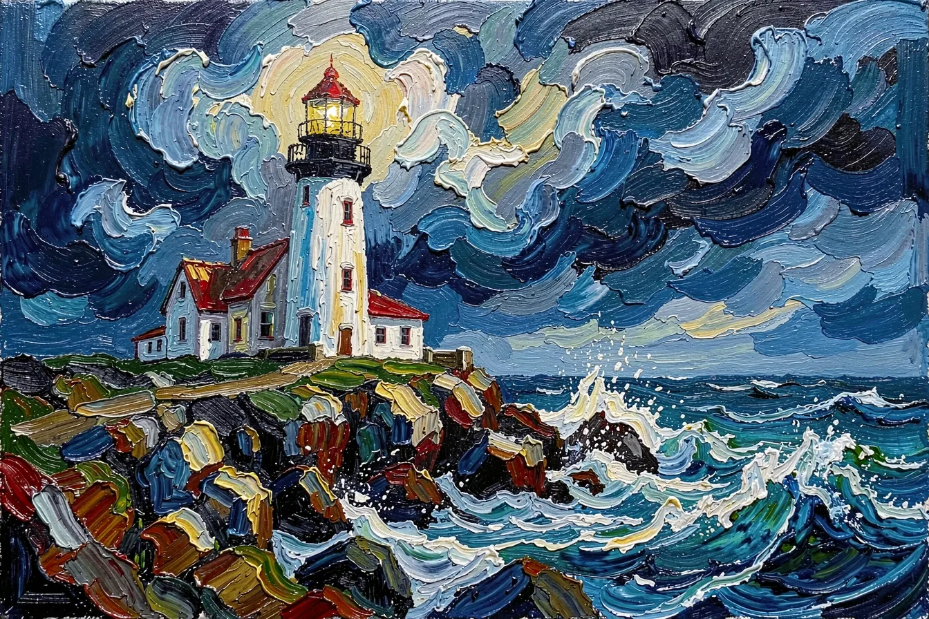 Expressive oil painting of a lighthouse on a stormy coast