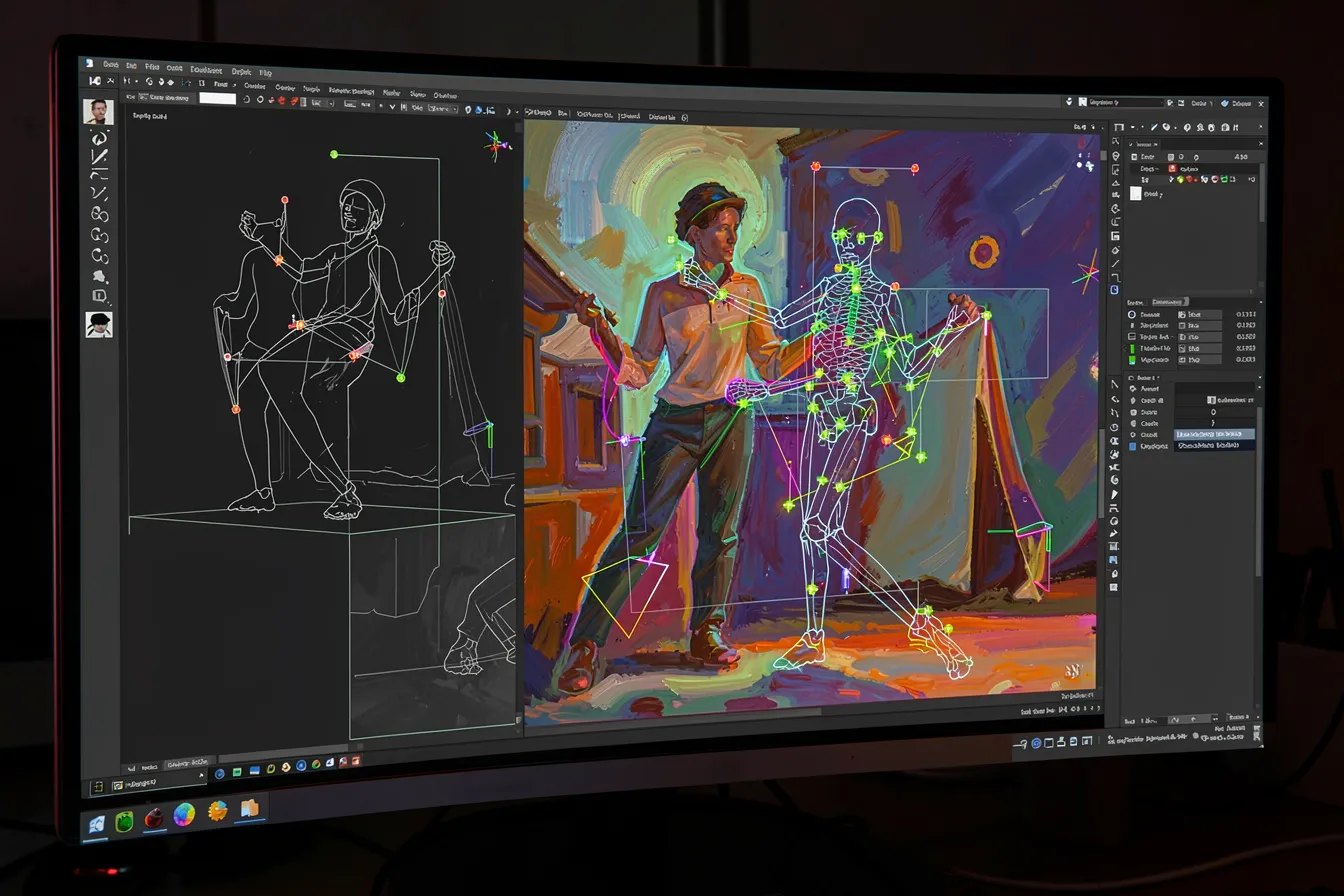 Depth map and pose skeleton overlaid on an emerging AI painting, showing composition control