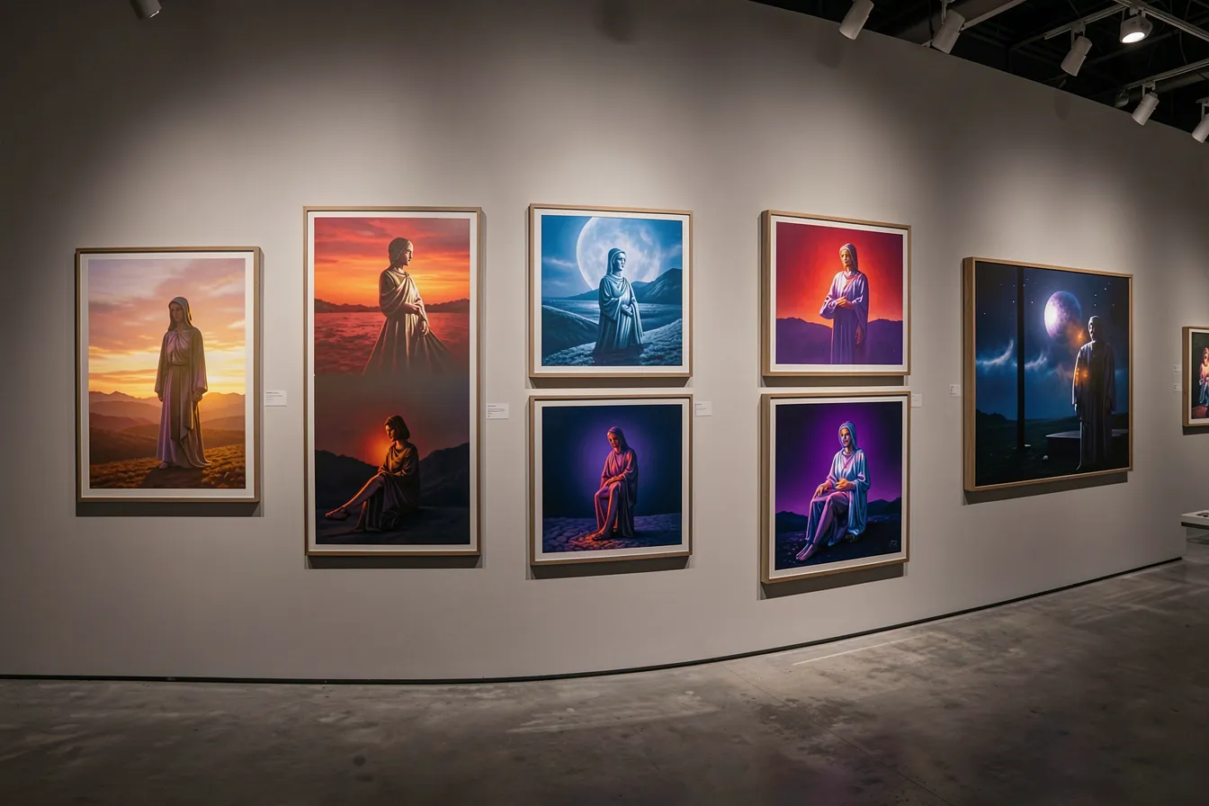 A coherent AI art series on a gallery wall sharing one composition across different color moods
