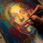 Artist's hand sketching composition lines over a half-rendered luminous AI painting