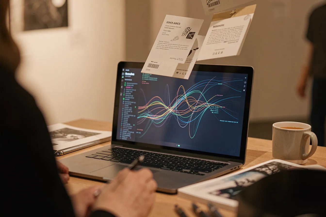Gallery registrar desk with laptop showing glowing data threads and floating archive cards