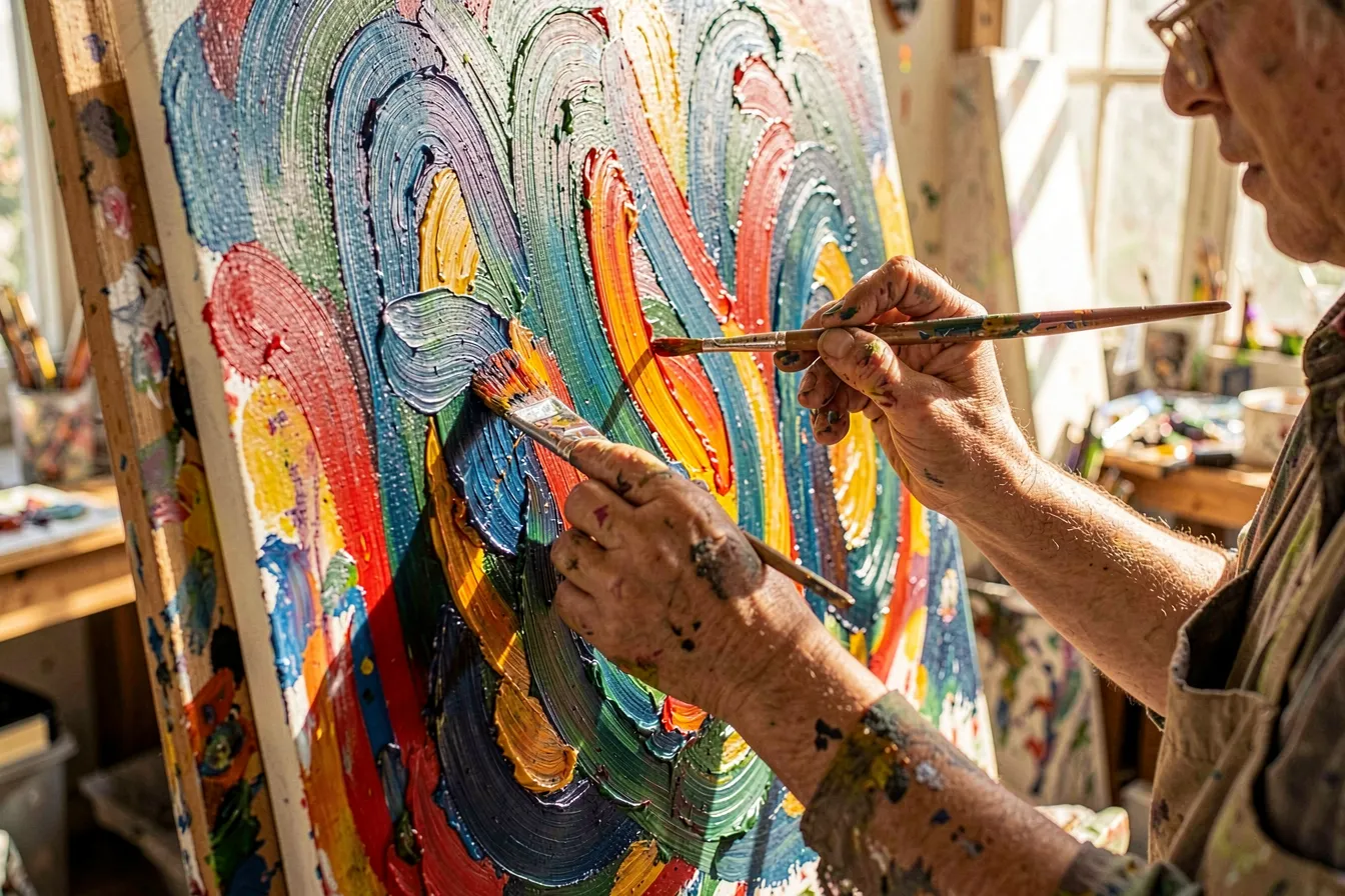 Artist hands painting a bold abstract canvas in a sunlit studio, no technology in sight