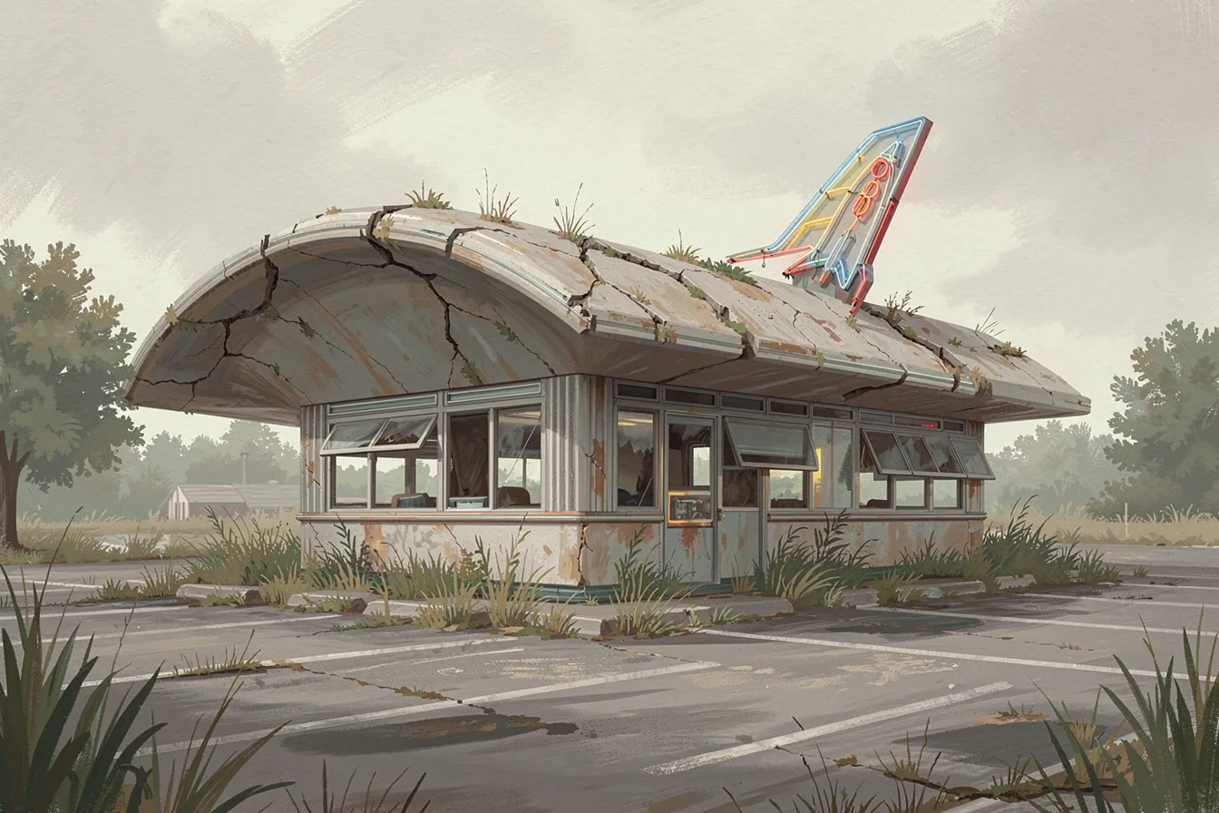 Abandoned mid-century Googie diner with cracked parabolic roof and faded neon sign
