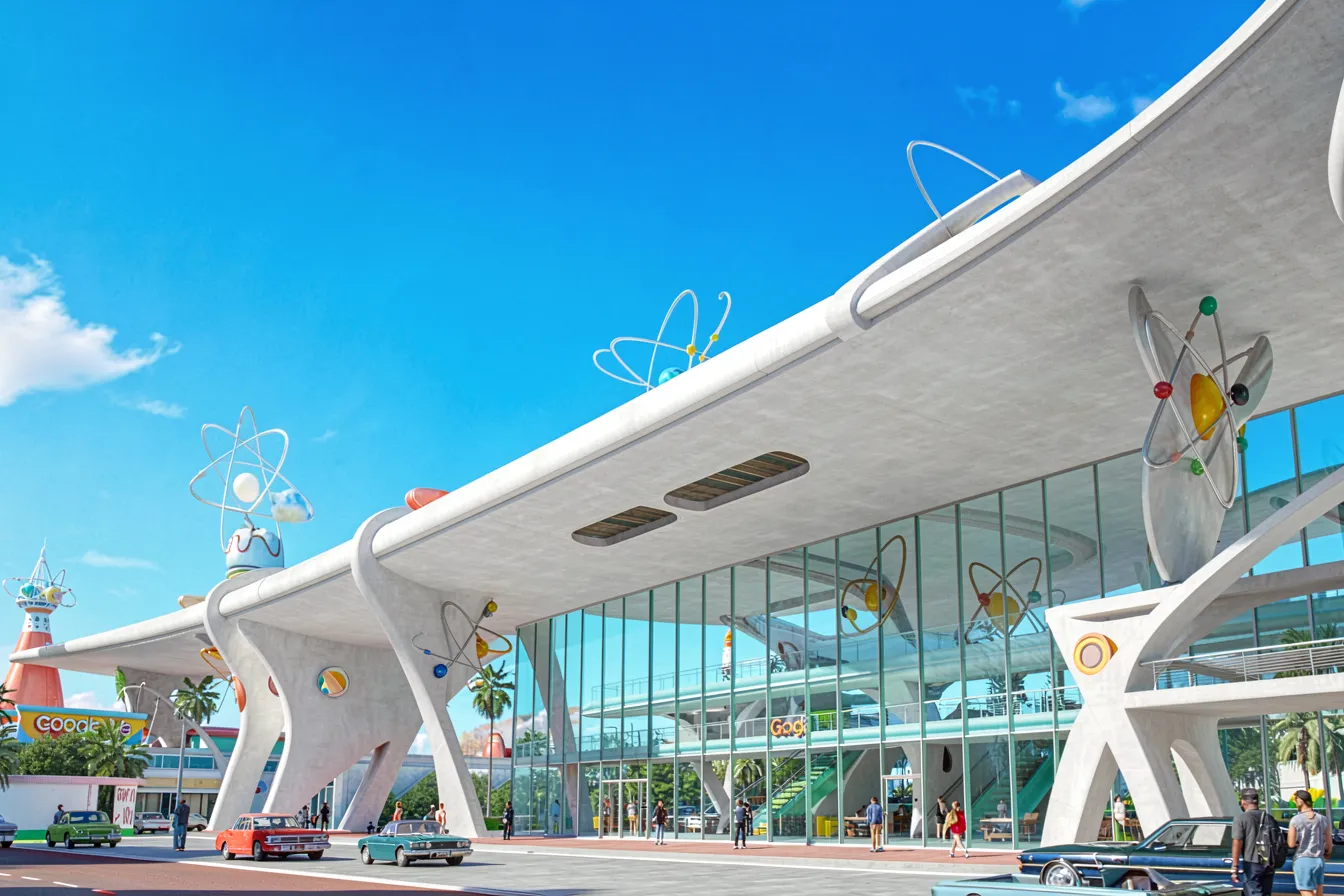 AI-generated Googie transit hub with swooping cantilevered concrete wing over a glass concourse