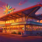 Retro-futurist Googie diner with upswept boomerang roof and neon starburst sign at dusk