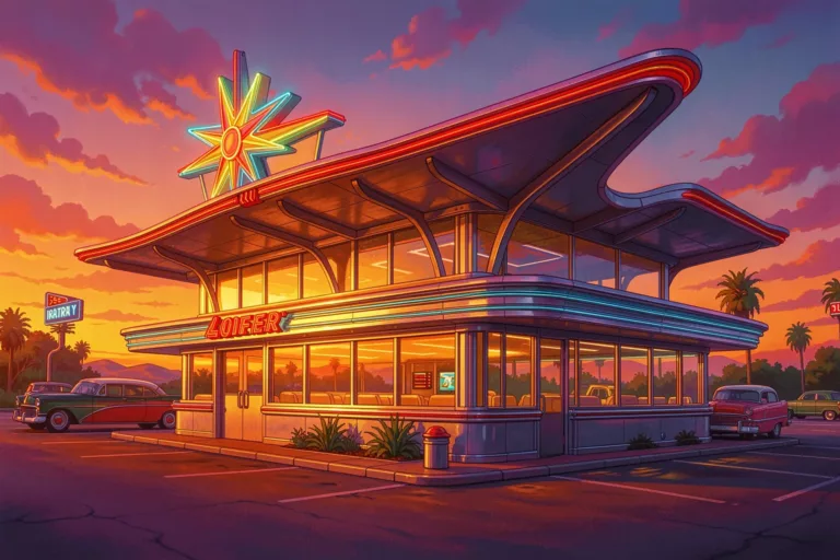 Retro-futurist Googie diner with upswept boomerang roof and neon starburst sign at dusk