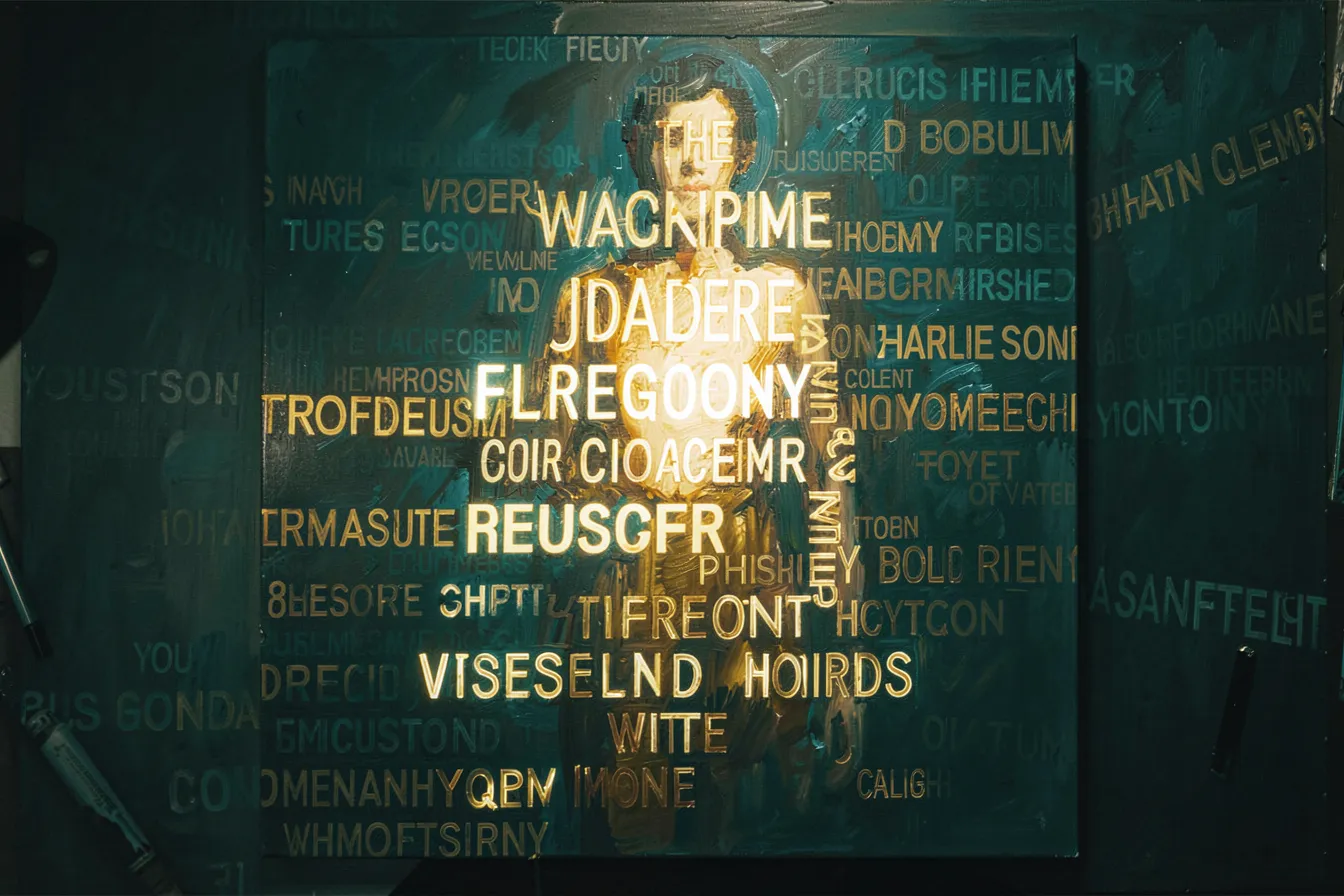 Glowing text streams flowing into a canvas, brightest words shaping an emerging figure
