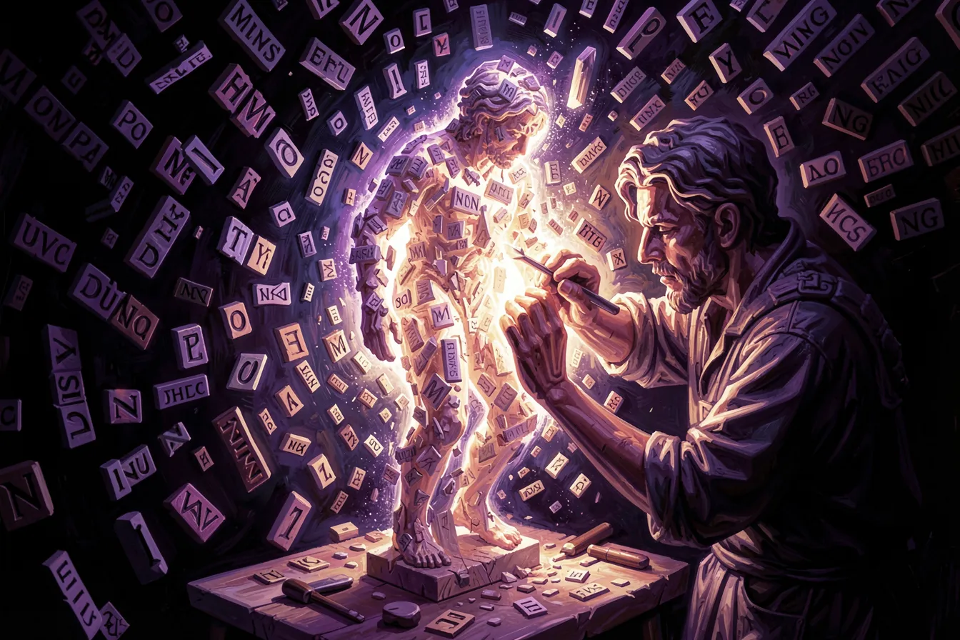 Sculptor carving a glowing figure from a cloud of floating words in dark negative space