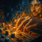 Hand adjusting glowing word-faders on a mixing desk that shapes a painterly portrait