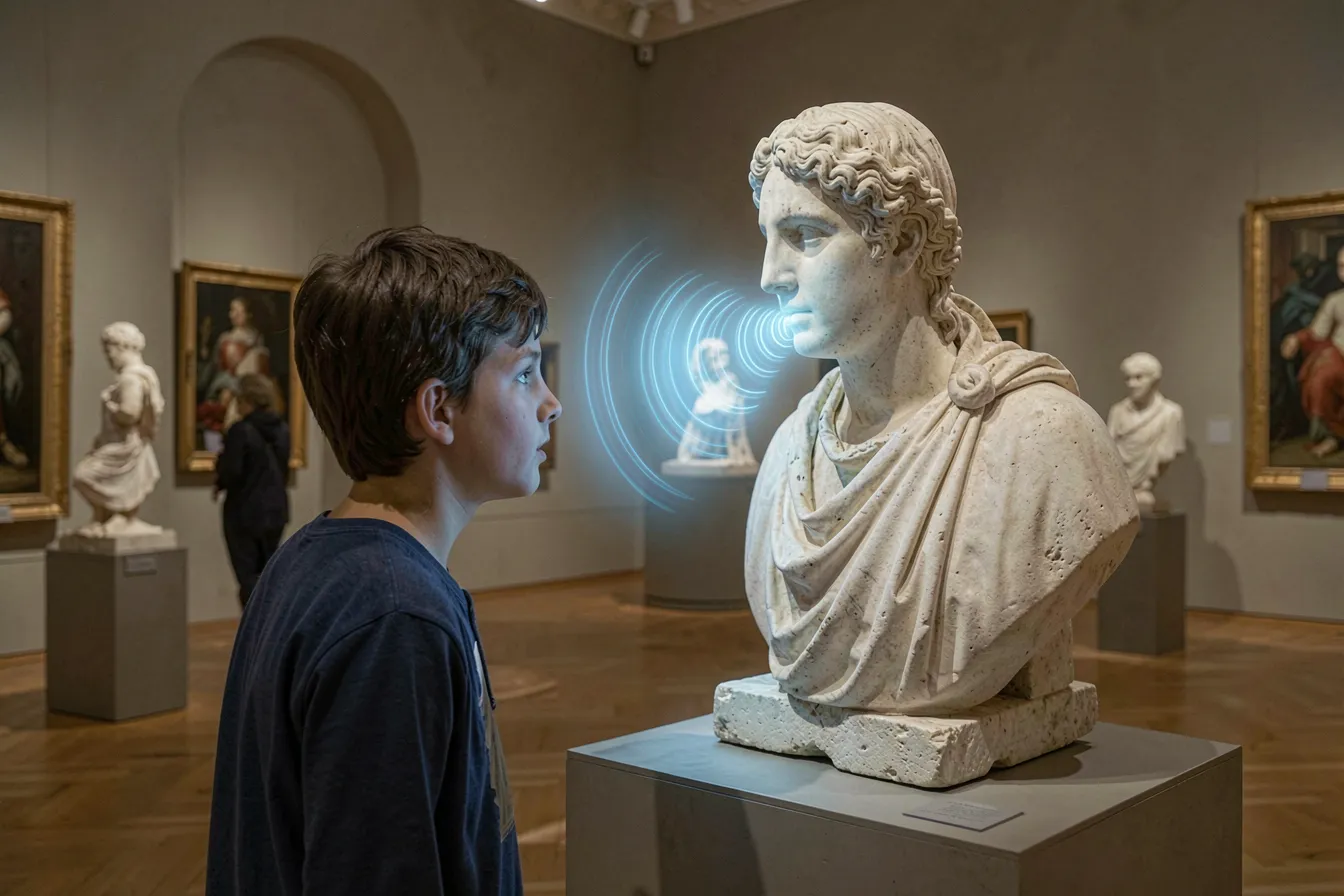 Museum visitor in conversation with an AI-powered talking statue