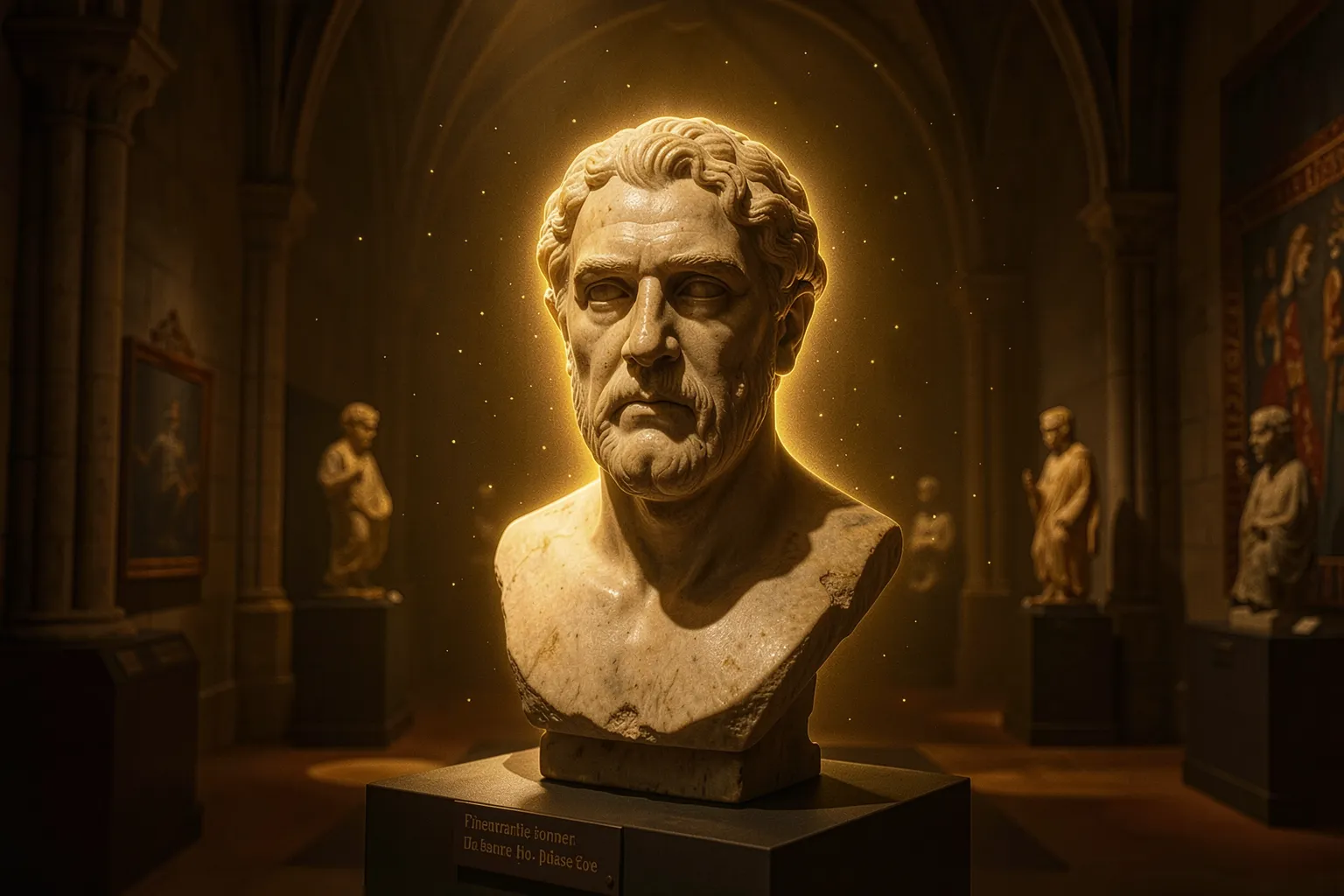 Ancient marble bust glowing as it awakens to speak in a museum gallery