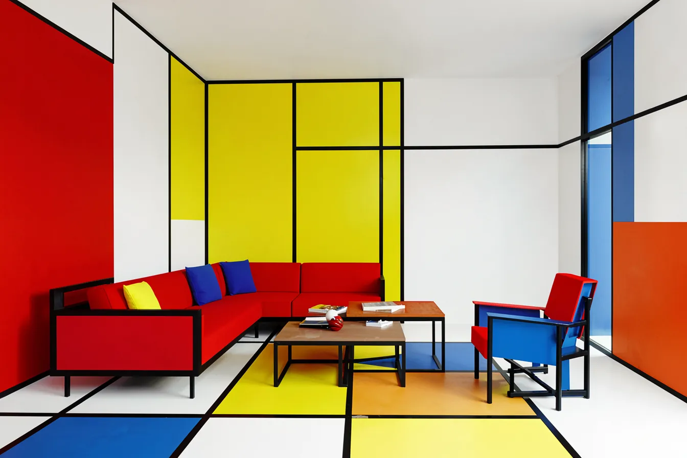 De Stijl living room with primary colour blocks and a Rietveld Red and Blue Chair