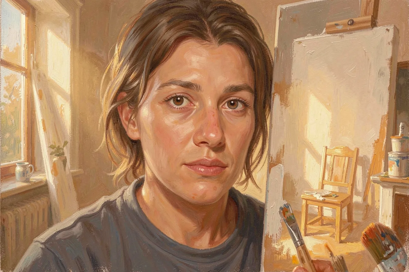 AI outpainting reveals a full sunlit room around a cropped portrait