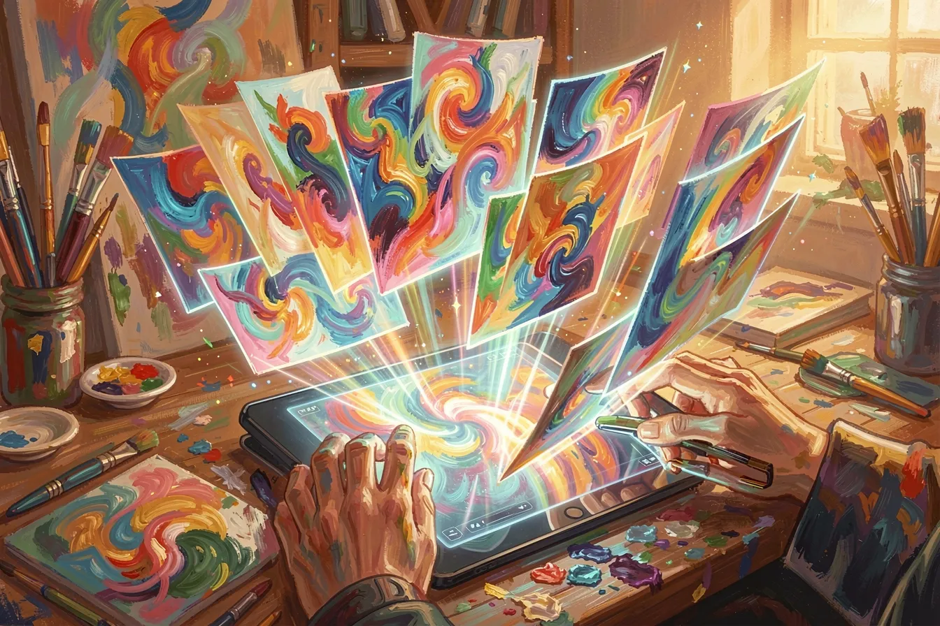 Artist guiding an AI tablet through many iterations of a painting