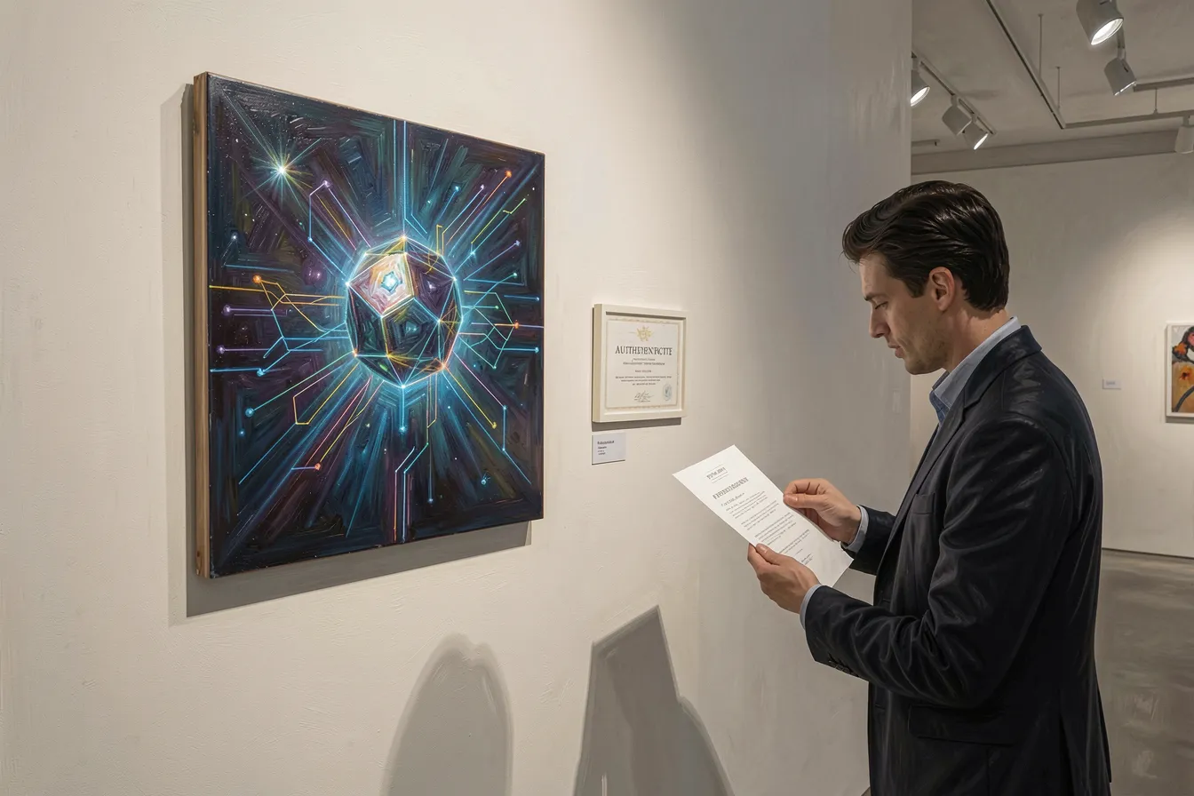 Collector examining provenance documents beside an AI artwork in a gallery