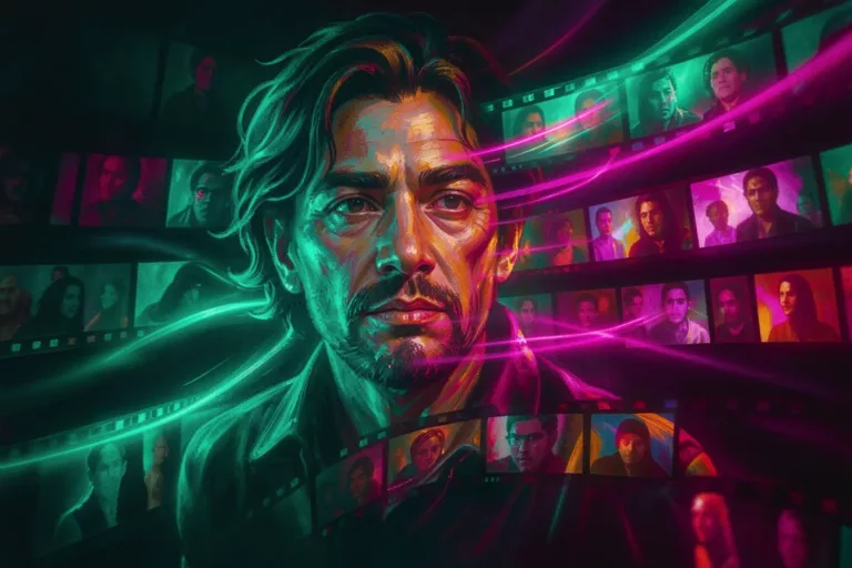 A portrait dissolving into colorful ghosted frames across time, evoking AI-generated motion
