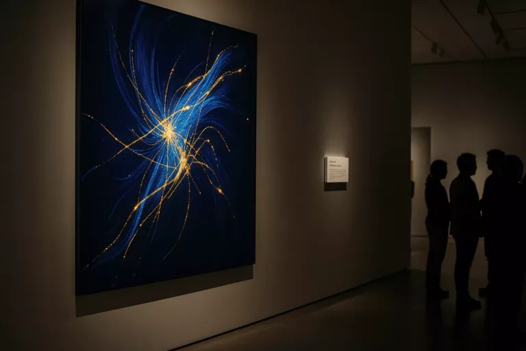 Contemporary museum gallery with a glowing generative artwork and a small AI-disclosure wall label