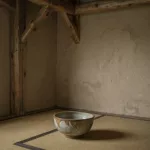 Wabi-sabi Japanese minimalist tea room with weathered wood and soft light