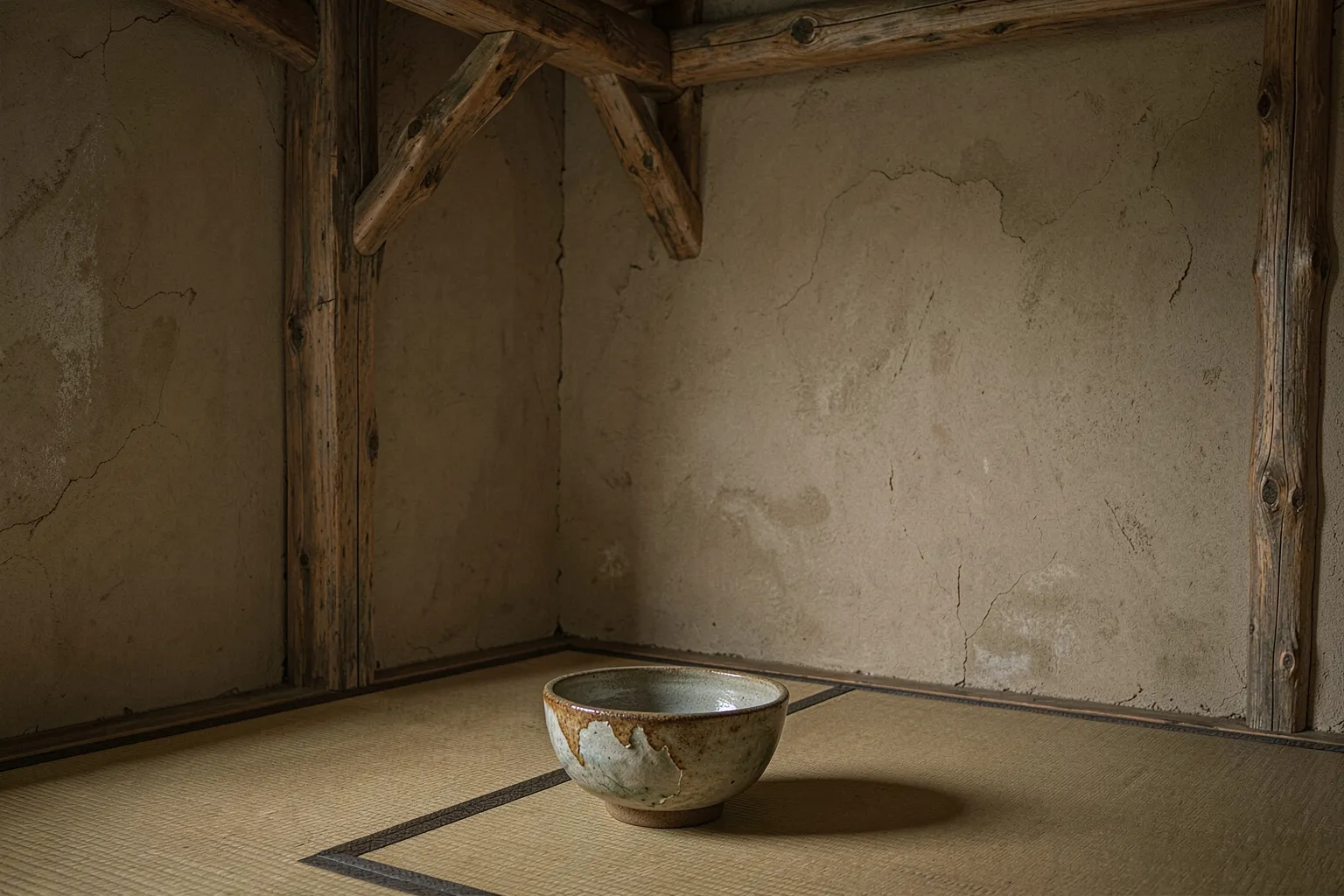 Wabi-sabi Japanese minimalist tea room with weathered wood and soft light