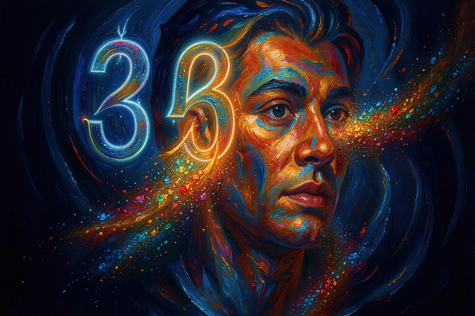 Glowing numeric seed transforming into a swirling painterly abstract composition